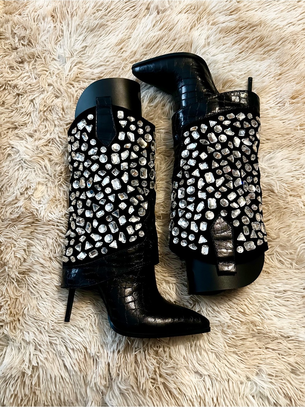 Black Crystal-Embellished Mid-Calf Heeled Boots NWOT - Picture 2 of 2